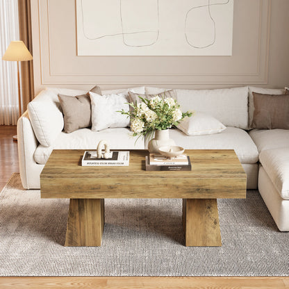 MonoWood Vintage Coffee Table, 120cm Wooden Accent Center Tables with Thick Base, Modern Low Cocktail Tea Furniture for