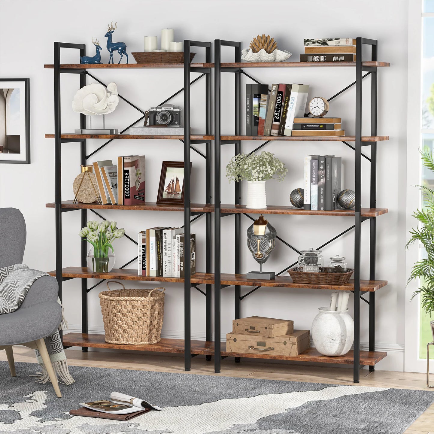 MonoWood 5 Tier Bookshelf, Industrial Etagere Bookcase with Metal Frame, Rustic Tall Book Shelf Unit for Living Room