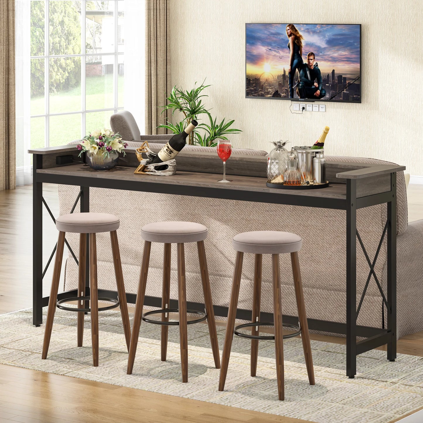 MonoWood Sofa Table with Outlets and USB Ports, 70.9 inch Extra Long Console Table Behind Couch with Charging Station
