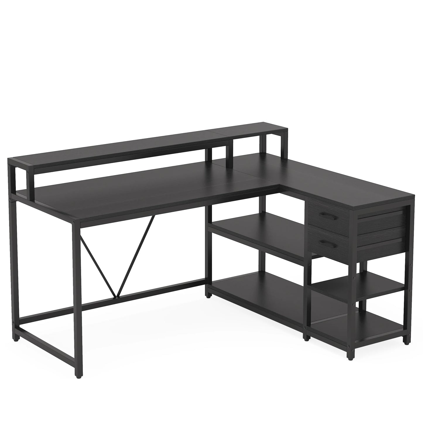 MonoWood Reversible L Shaped Desk with Drawer, Industrial Corner Desk Home Office Table with Shelves and Monitor Stand