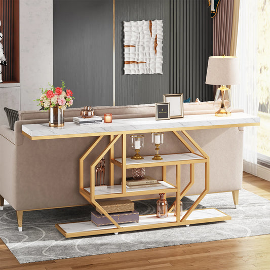 MonoWood Console Table, Modern Gold Sofa Table Behind Couch with Storage, 4 Tier Entryway Accent Table