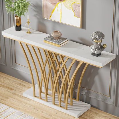 MonoWood 59 inch Gold Console Table, Modern Entryway Table with Grid-Shaped Metal Base for Entrance, Hallway, Entryway