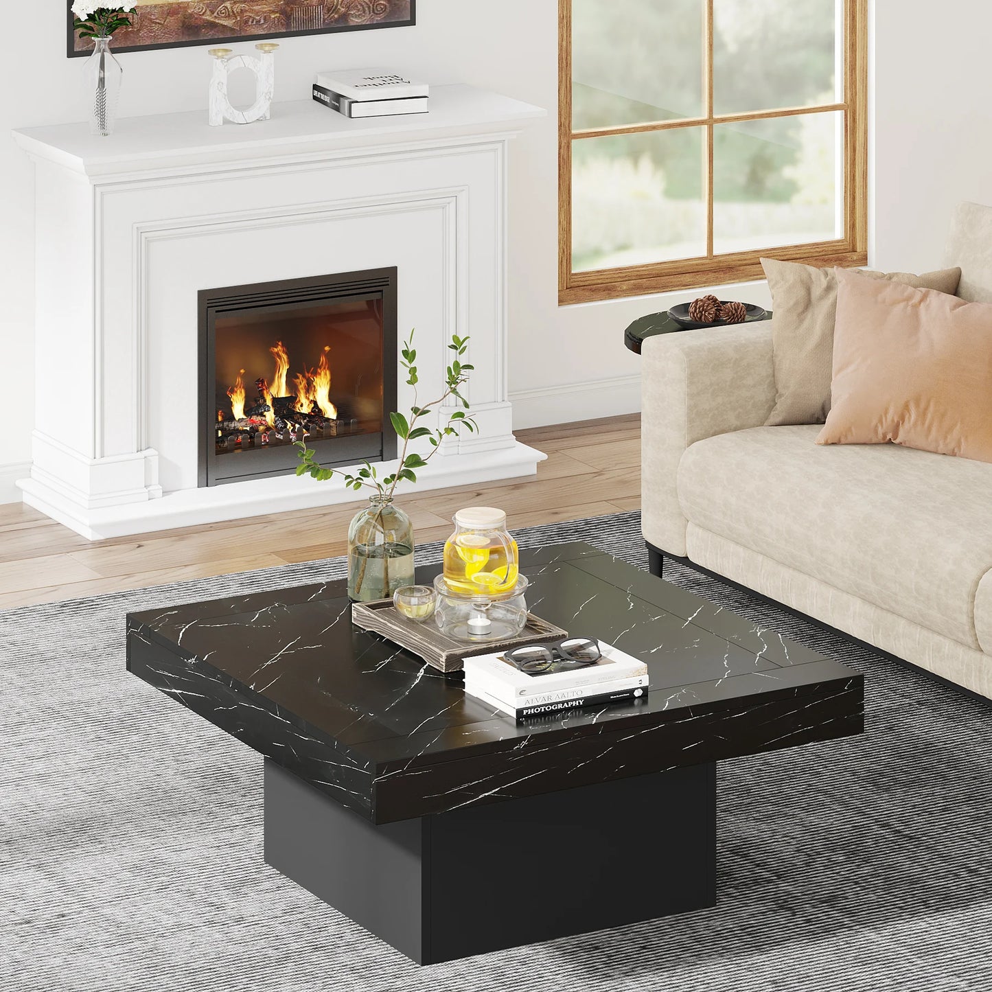 MonoWood Square LED Coffee Table Grey and White Engineered Wood Coffee Table Low Coffee Table for Living Room