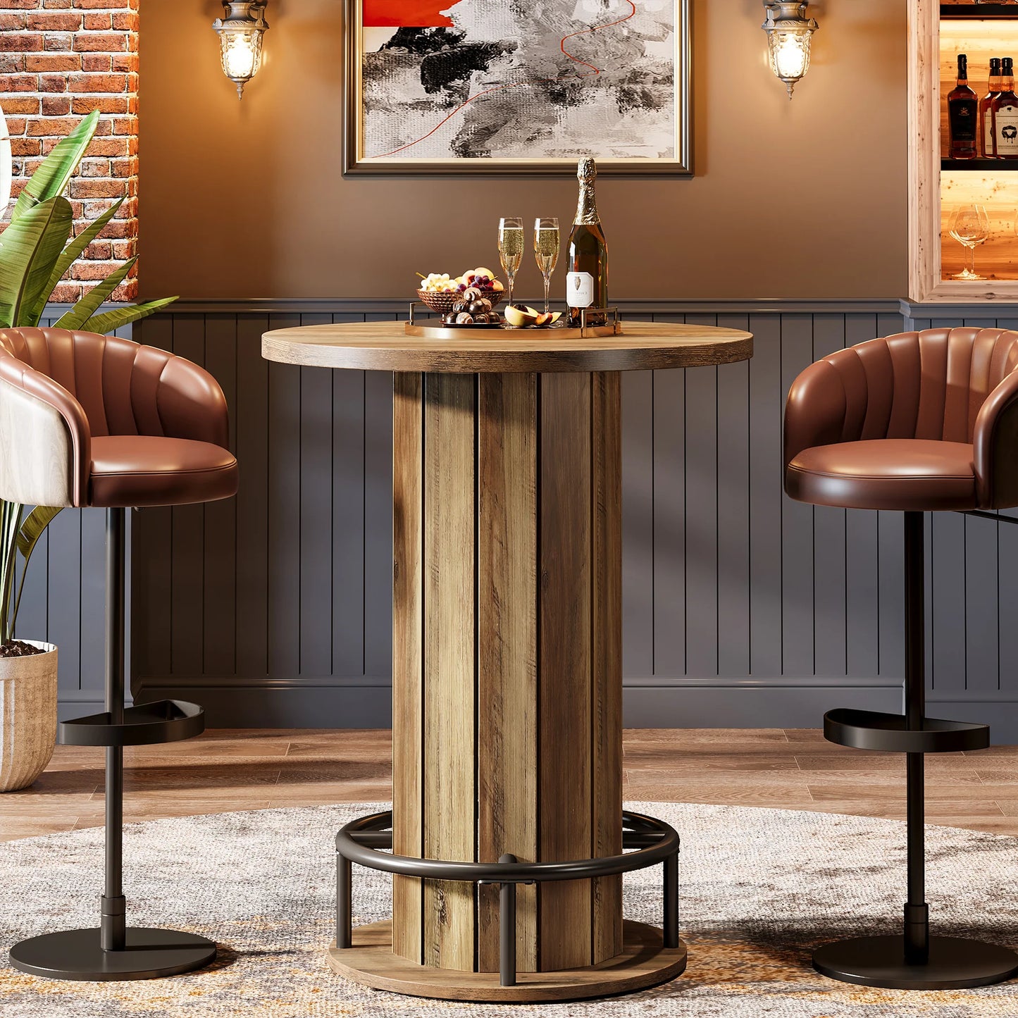 MonoWood Round Bar Table, 39.4" H Wood Bistro Pub Table with Metal Ring Footrest for Dining Coffee Cocktail Living Room
