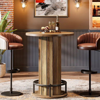 MonoWood Round Bar Table, 39.4" H Wood Bistro Pub Table with Metal Ring Footrest for Dining Coffee Cocktail Living Room