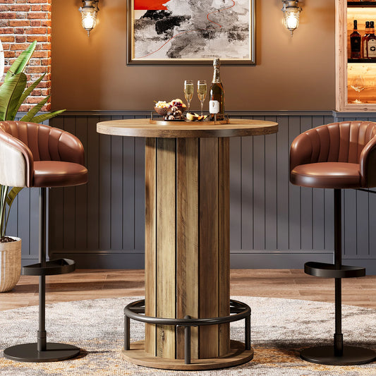 MonoWood Round Bar Table, 39.4" H Wood Bistro Pub Table with Metal Ring Footrest for Dining Coffee Cocktail Living Room