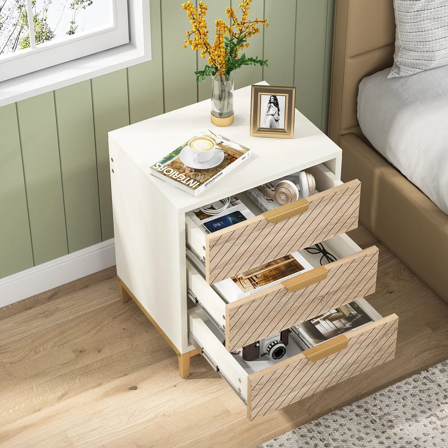 MonoWood Night Stands for Bedrooms, White and Gold Light Wood Grain Nightstands with 3 Drawers Bedside Tables