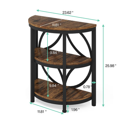 MonoWood Half Round End Table for Living Room, 3-Tier Half Side Table with Metal Frame, Industrial Table with Storage