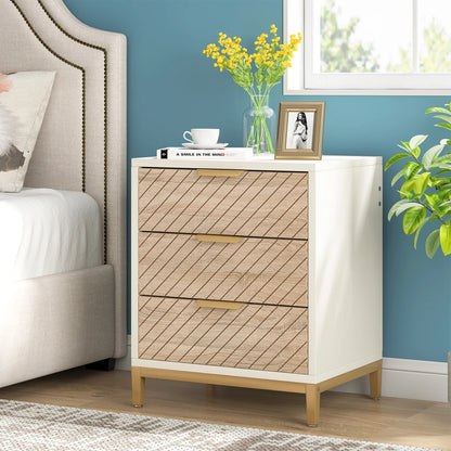 MonoWood Night Stands for Bedrooms, White and Gold Light Wood Grain Nightstands with 3 Drawers Bedside Tables