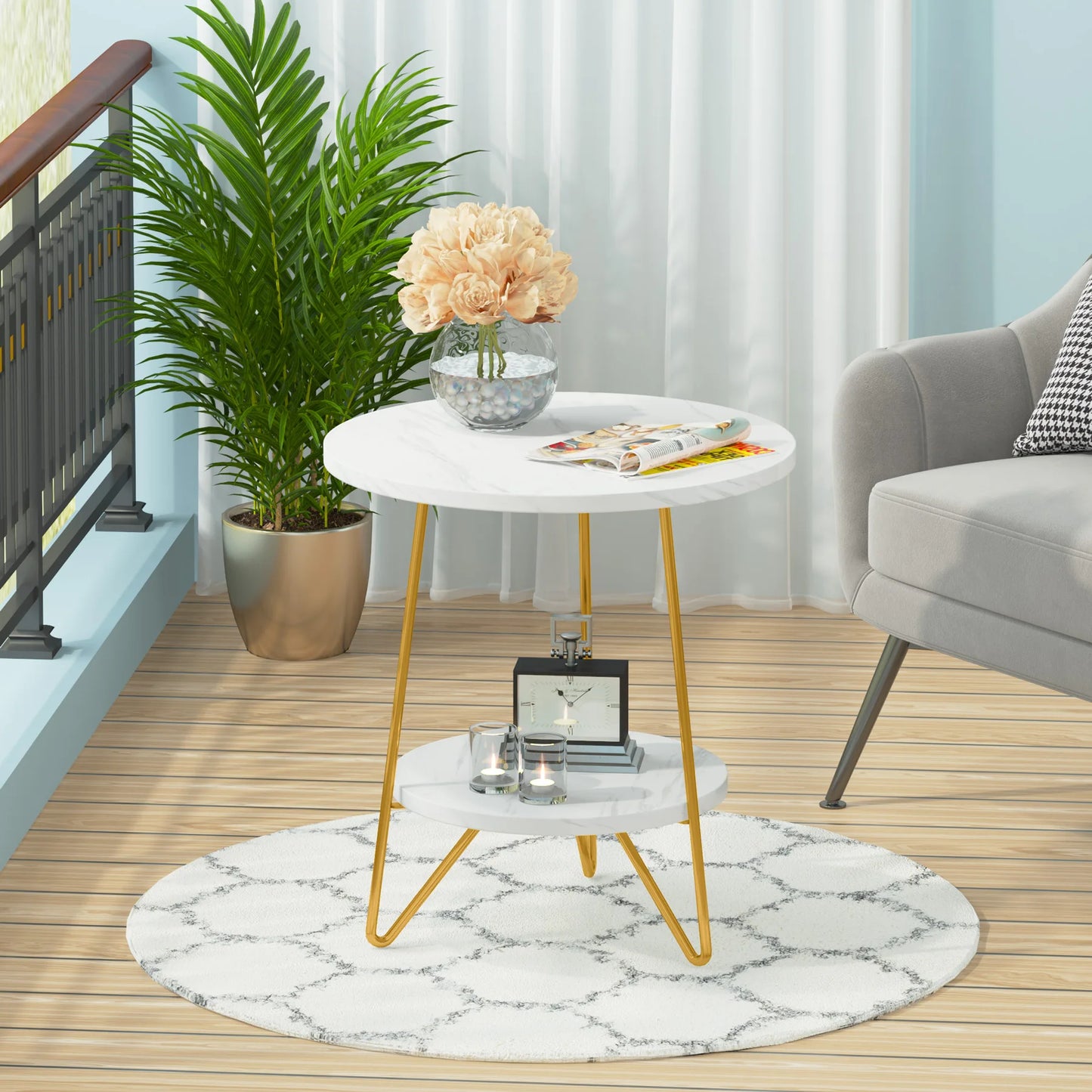 MonoWood 2 Tier Faux Marble End Table Round Side Table with Shelves Small Coffee Accent Table for Living Room, White and Gold