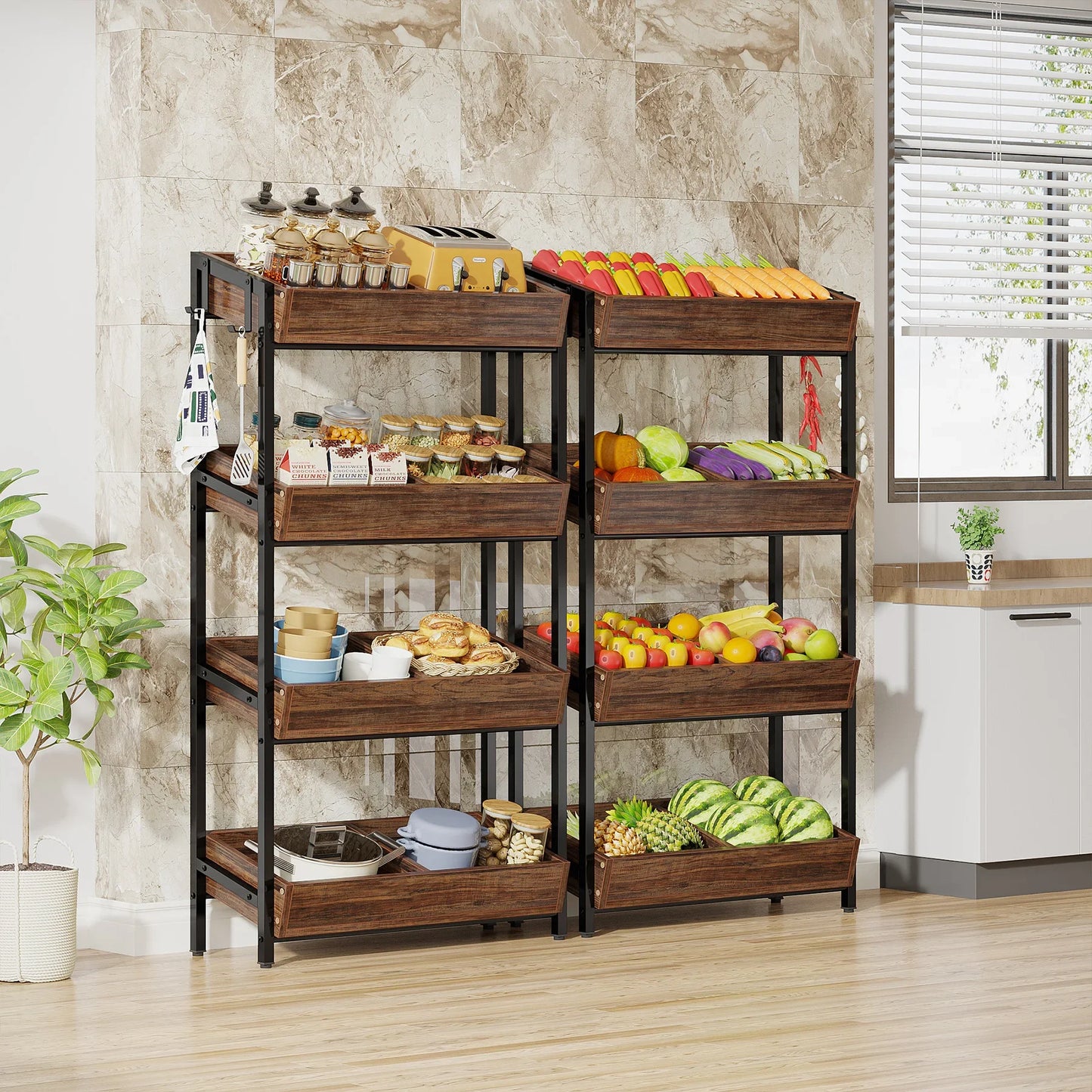 MonoWood 4-Tier Wood Utility Storage Shelves, Fruit and Vegetable Basket Stand for Kitchen, Office, Store, Supremarket