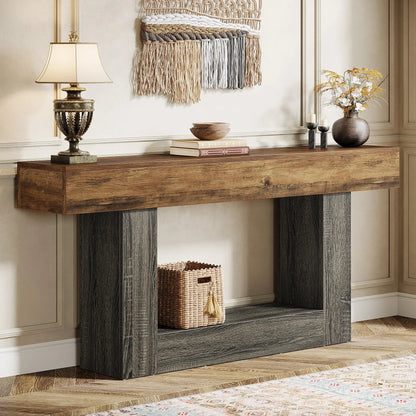 MonoWood 63" Console Table, Farmhouse 2-Tier Entryway Table with U-Shaped Base, Narrow Long Wood Sofa Table Behind Couch Table
