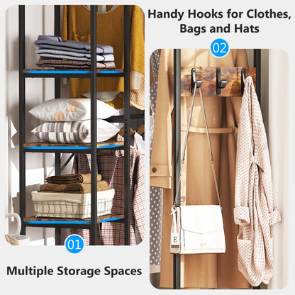 MonoWood L Shape Clothes Rack, Corner Garment Rack with Storage Shelves and Hanging Rods, Space-Saving Open Wardrobe Closet