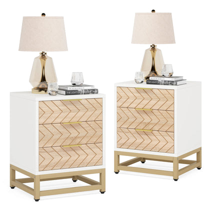 MonoWood 3 Drawers Nightstand Set of 2, Modern Bedside Table with Unique Chevron Design, White End Side Table Night Stands