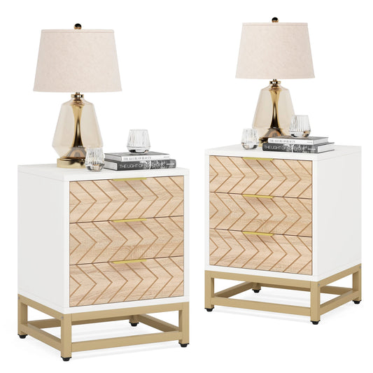 MonoWood 3 Drawers Nightstand Set of 2, Modern Bedside Table with Unique Chevron Design, White End Side Table Night Stands