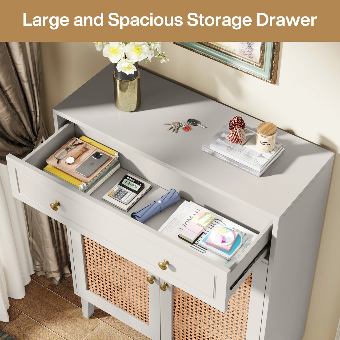 MonoWood Shoe Cabinet with Doors and Drawer, Modern Shoe Storage Cabinet for Entryway, Mint Green Rattan Shoes Cabinet