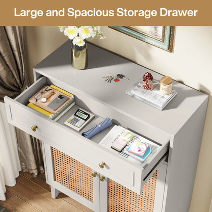 MonoWood Shoe Cabinet with Doors and Drawer, Modern Shoe Storage Cabinet for Entryway, Mint Green Rattan Shoes Cabinet