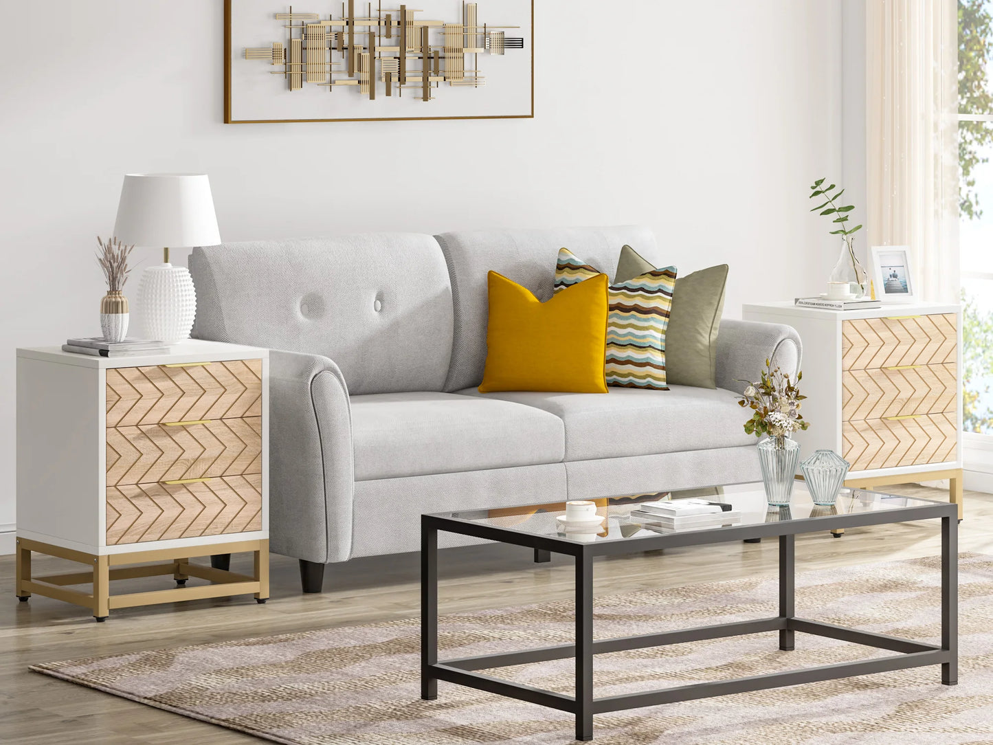 MonoWood 3 Drawers Nightstand Set of 2, Modern Bedside Table with Unique Chevron Design, White End Side Table Night Stands