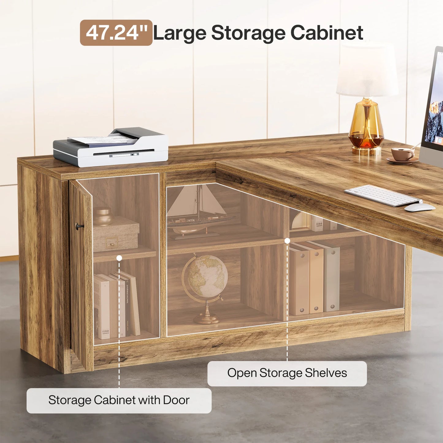 MonoWood 72.8" Large Executive Desk with 47.24" Cabinet, Office Desk with Storage Shelves, Farmhouse Wooden L-Shaped Desk