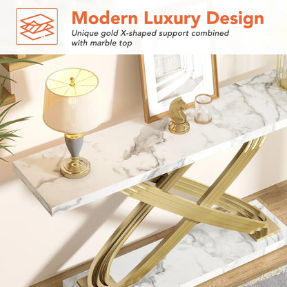 MonoWood 55 Inch Modern Console Table, Faux Marble Gold Entryway Table Behind Sofa Couch, Narrow Rectangular Sofa Table