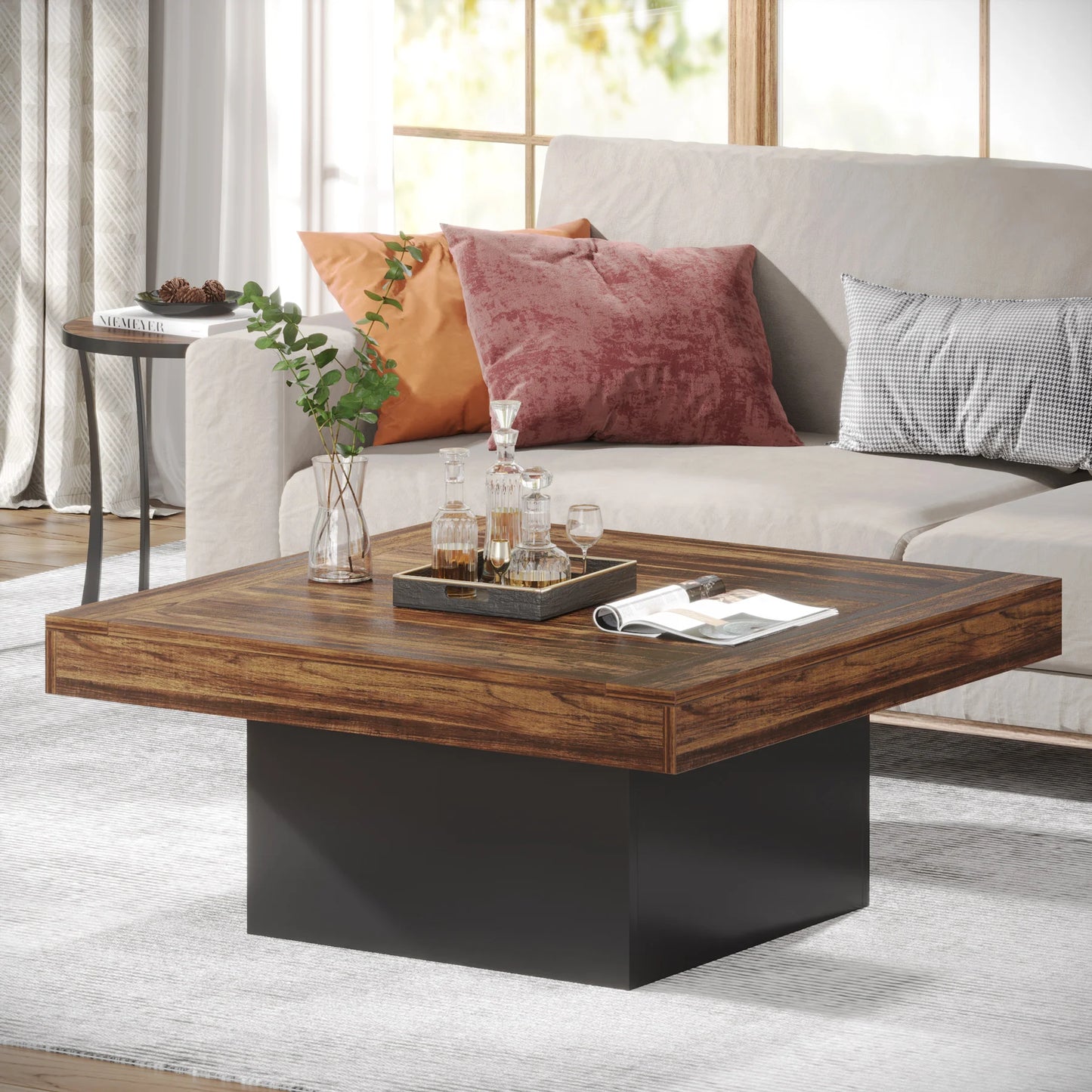 MonoWood Coffee Table Square LED Coffee Table Engineered Wood Low Coffee Table for Living Room Rustic Brown & Black