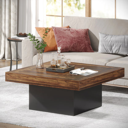 MonoWood Coffee Table Square LED Coffee Table Engineered Wood Low Coffee Table for Living Room Rustic Brown & Black