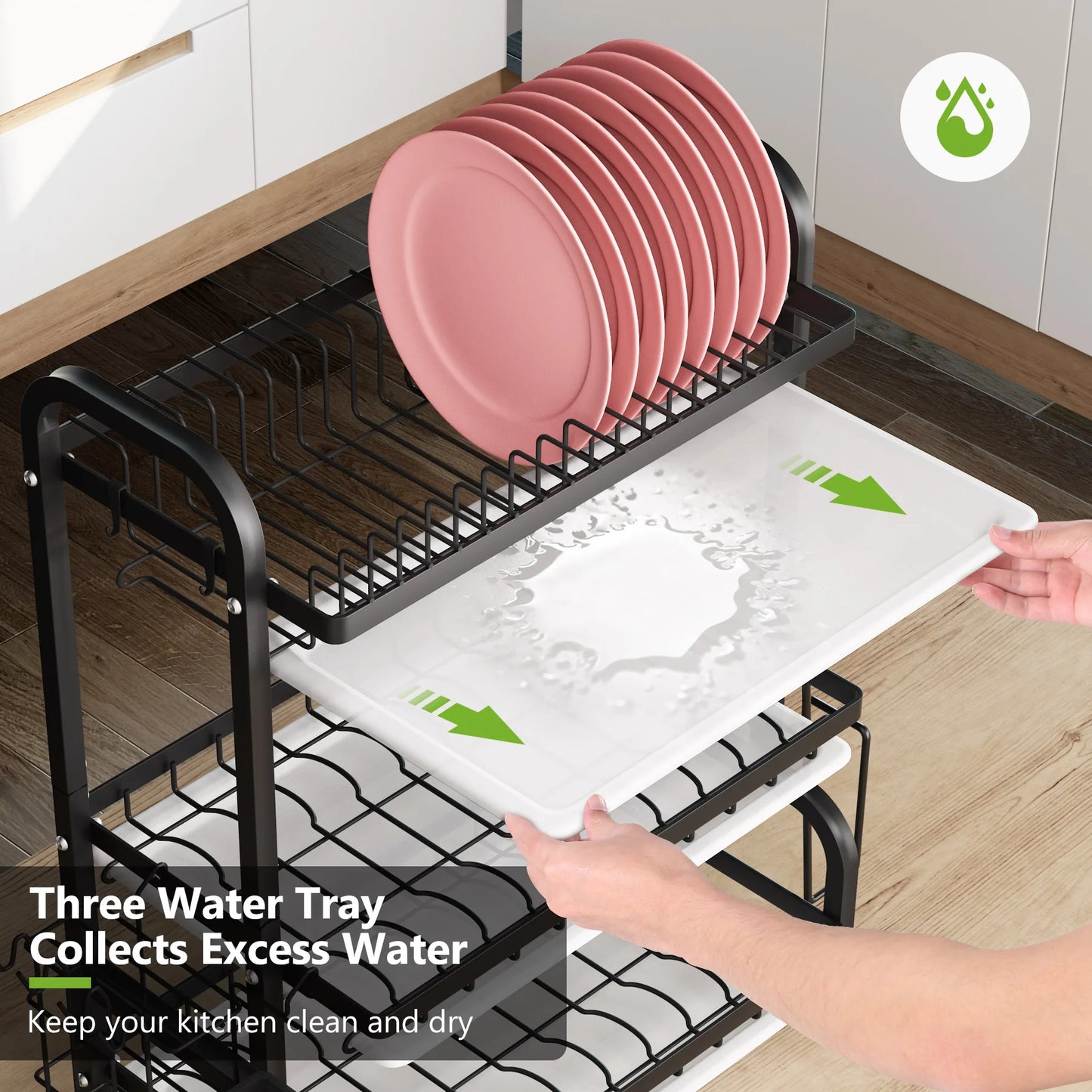 Drying Rack, Metal 3-Tier Large Capacity Dish Rack with Utensil Holder, Cutting Board Holder, Drain Board Tray for Kitchen