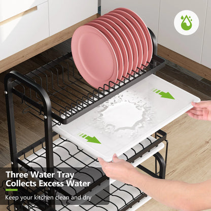 Drying Rack, Metal 3-Tier Large Capacity Dish Rack with Utensil Holder, Cutting Board Holder, Drain Board Tray for Kitchen