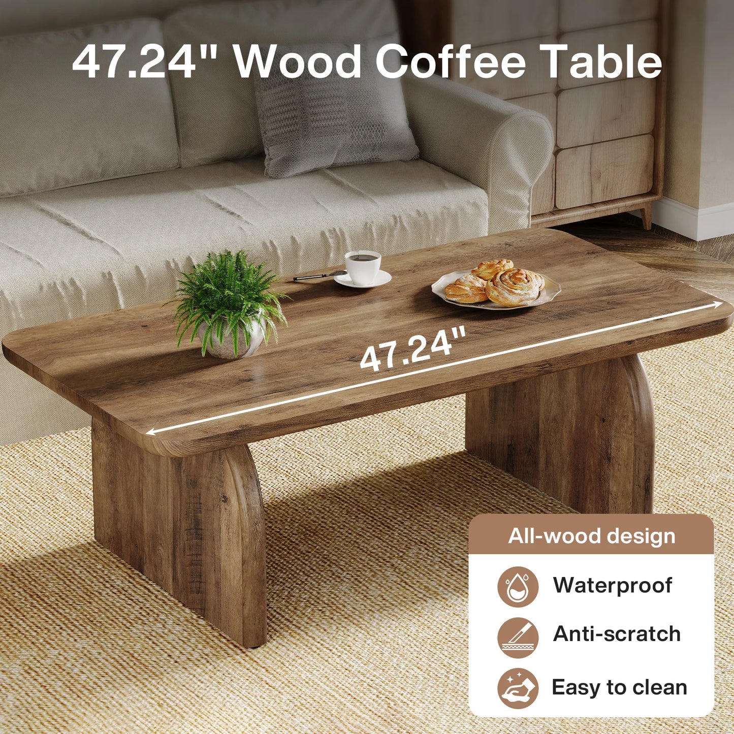 MonoWood Farmhouse Rectangular Coffee Table, 47.24-Inch Engineered Wood Center Cocktail Tea Table with Sturdy Base