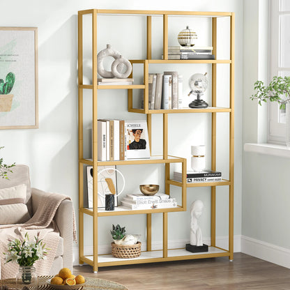 MonoWood Bookshelf Bookcase, Gold 8-Open Shelf Etagere Bookcase with Faux Marble, Modern Book Shelves Display Shelf