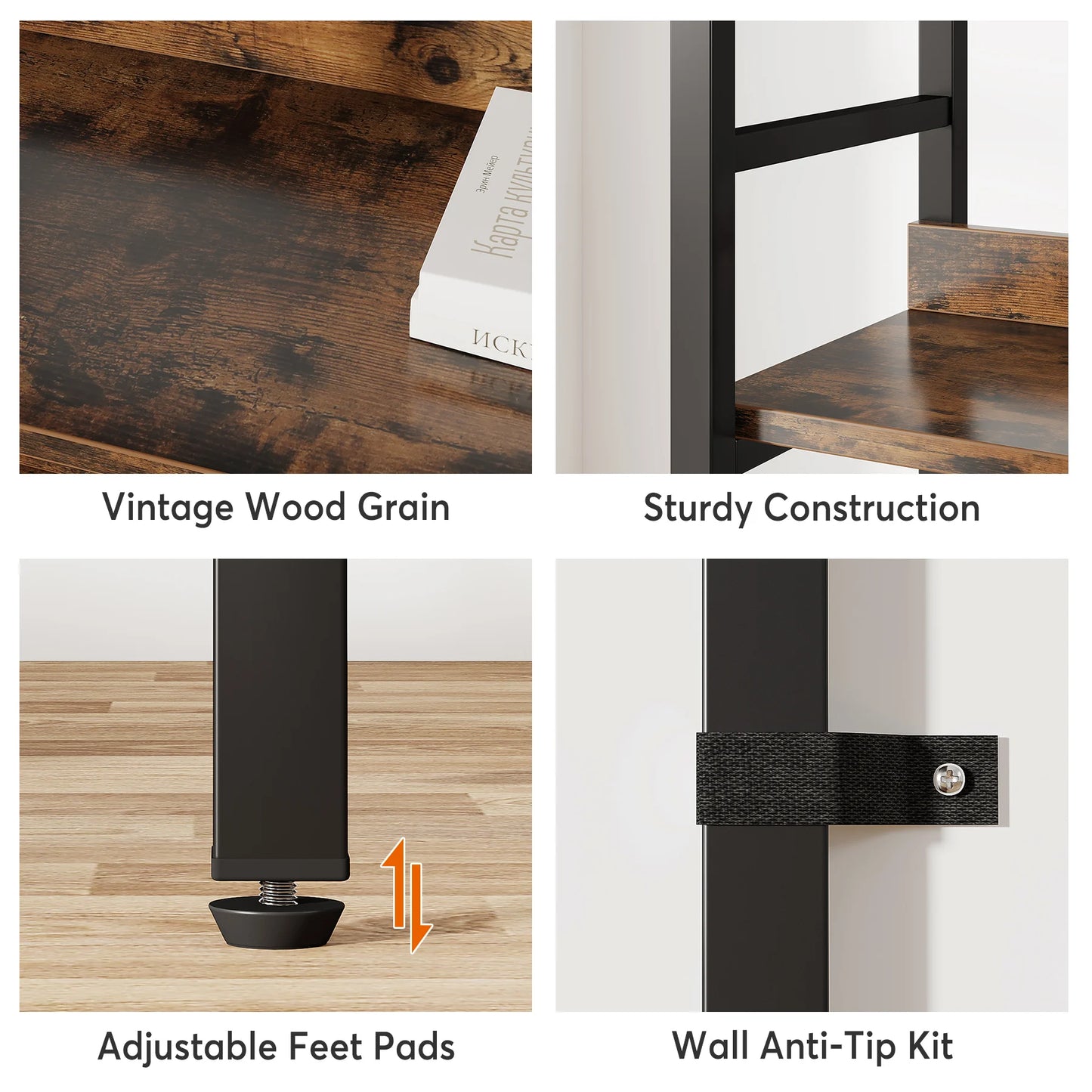 MonoWood 5-Tier Industrial Bookshelf, 71”H x 47”W Etagere Bookcase, Freestanding Double Wide Book Shelf for Storage